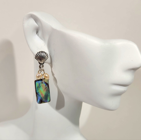 Genuine Sterling Silver Dangle Earrings With Abalone Shells & Freshwater Pearls - Picture 2 of 12